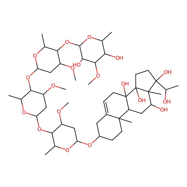 2D Structure of (3S,8S,9R,10R,12R,13R,14R,17S)-3-[(2R,4S,5R,6R)-5-[(2S,4S,5R,6R)-5-[(2S,4R,5R,6R)-5-[(2S,3R,4R,5R,6R)-3,5-dihydroxy-4-methoxy-6-methyloxan-2-yl]oxy-4-methoxy-6-methyloxan-2-yl]oxy-4-methoxy-6-methyloxan-2-yl]oxy-4-methoxy-6-methyloxan-2-yl]oxy-17-(1-hydroxyethyl)-10,13-dimethyl-1,2,3,4,7,9,11,12,15,16-decahydrocyclopenta[a]phenanthrene-8,12,14,17-tetrol
