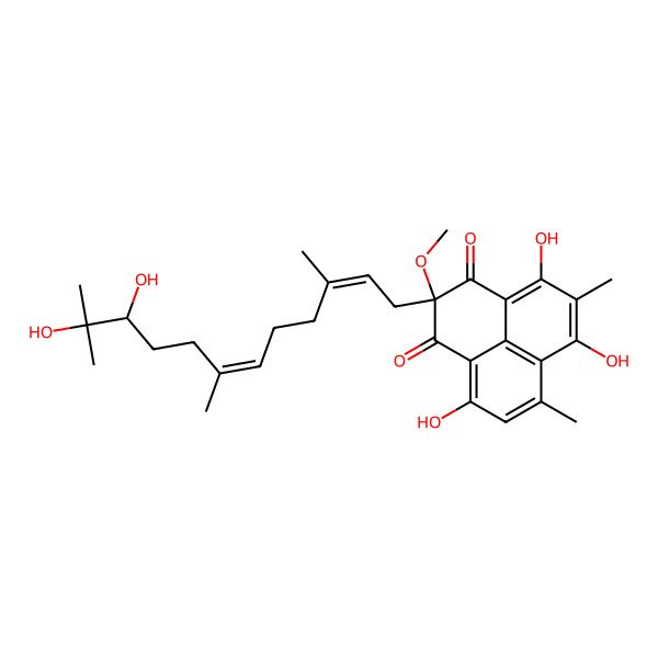 2D Structure of (2S)-2-[(2E,6E,10R)-10,11-dihydroxy-3,7,11-trimethyldodeca-2,6-dienyl]-4,6,9-trihydroxy-2-methoxy-5,7-dimethylphenalene-1,3-dione