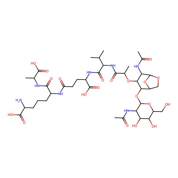 2D Structure of (2R,6S)-6-[[(4R)-4-[[(2S)-2-[[(2R)-2-[[(1R,2S,3R,4R,5R)-4-acetamido-2-[(2S,3R,4R,5S,6R)-3-acetamido-4,5-dihydroxy-6-(hydroxymethyl)oxan-2-yl]oxy-6,8-dioxabicyclo[3.2.1]octan-3-yl]oxy]propanoyl]amino]-3-methylbutanoyl]amino]-4-carboxybutanoyl]amino]-2-amino-7-[[(1R)-1-carboxyethyl]amino]-7-oxoheptanoic acid
