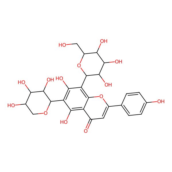 2D Structure of 5,7-dihydroxy-2-(4-hydroxyphenyl)-8-[(2S,4R,5R)-3,4,5-trihydroxy-6-(hydroxymethyl)oxan-2-yl]-6-[(2S,4S,5S)-3,4,5-trihydroxyoxan-2-yl]chromen-4-one