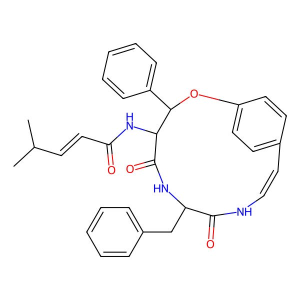2D Structure of N-(7-benzyl-5,8-dioxo-3-phenyl-2-oxa-6,9-diazabicyclo[10.2.2]hexadeca-1(14),10,12,15-tetraen-4-yl)-4-methylpent-2-enamide