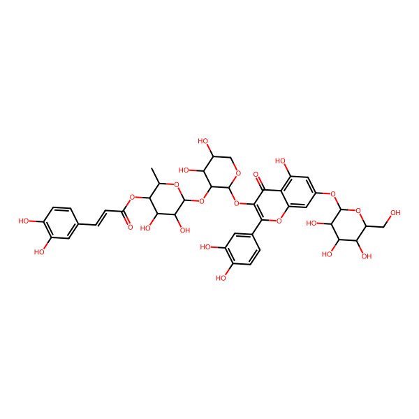 2D Structure of [(2S,3R,4S,5S,6S)-6-[(2S,3R,4S,5S)-2-[2-(3,4-dihydroxyphenyl)-5-hydroxy-4-oxo-7-[(2S,3S,4S,5S,6S)-3,4,5-trihydroxy-6-(hydroxymethyl)oxan-2-yl]oxychromen-3-yl]oxy-4,5-dihydroxyoxan-3-yl]oxy-4,5-dihydroxy-2-methyloxan-3-yl] (E)-3-(3,4-dihydroxyphenyl)prop-2-enoate