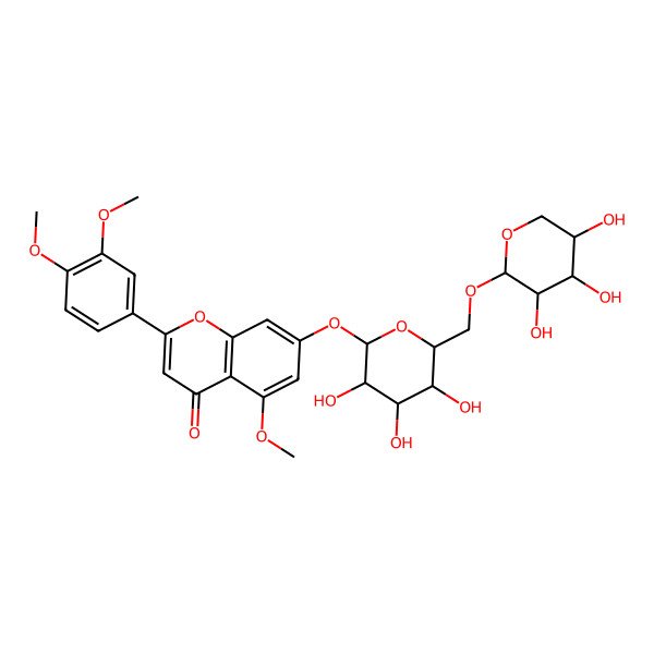 2D Structure of 2-(3,4-dimethoxyphenyl)-5-methoxy-7-[(2S,3S,4S,5S,6R)-3,4,5-trihydroxy-6-[[(2S,3R,4R,5R)-3,4,5-trihydroxyoxan-2-yl]oxymethyl]oxan-2-yl]oxychromen-4-one