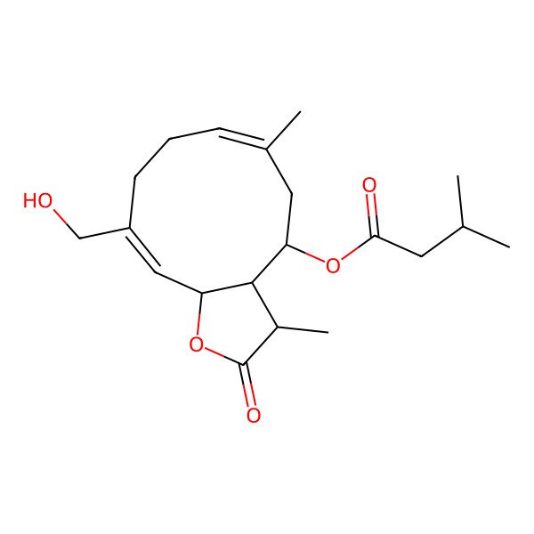 2D Structure of [(3S,3aR,4S,6E,10Z,11aR)-10-(hydroxymethyl)-3,6-dimethyl-2-oxo-3a,4,5,8,9,11a-hexahydro-3H-cyclodeca[b]furan-4-yl] 3-methylbutanoate