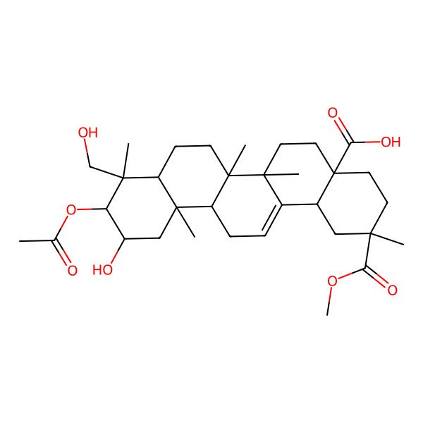 2D Structure of (2S,4aR,6aR,6aS,6bR,8aR,9R,10R,11S,12aR,14bS)-10-acetyloxy-11-hydroxy-9-(hydroxymethyl)-2-methoxycarbonyl-2,6a,6b,9,12a-pentamethyl-1,3,4,5,6,6a,7,8,8a,10,11,12,13,14b-tetradecahydropicene-4a-carboxylic acid 2D Structure of (2S,4aR,6aR,6aS,6bR,8aR,9R,10R,11S,12aR,14bS)-10-acetyloxy-11-hydroxy-9-(hydroxymethyl)-2-methoxycarbonyl-2,6a,6b,9,12a-pentamethyl-1,3,4,5,6,6a,7,8,8a,10,11,12,13,14b-tetradecahydropicene-4a-carboxylic acid