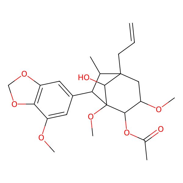 2D Structure of [(1S,2S,3R,5S,6S,7R,8S)-8-hydroxy-1,3-dimethoxy-7-(7-methoxy-1,3-benzodioxol-5-yl)-6-methyl-5-prop-2-enyl-2-bicyclo[3.2.1]octanyl] acetate
