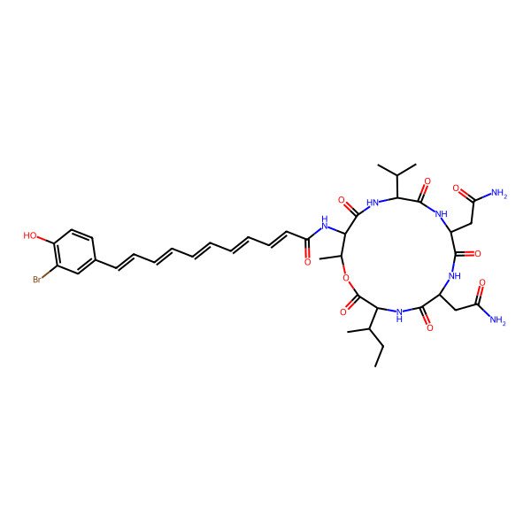 2D Structure of N-[6,9-bis(2-amino-2-oxoethyl)-3-butan-2-yl-16-methyl-2,5,8,11,14-pentaoxo-12-propan-2-yl-1-oxa-4,7,10,13-tetrazacyclohexadec-15-yl]-11-(3-bromo-4-hydroxyphenyl)undeca-2,4,6,8,10-pentaenamide