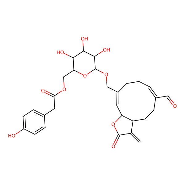 2D Structure of [(2R,3S,4S,5R,6R)-6-[[(3aR,6E,10E,11aS)-6-formyl-3-methylidene-2-oxo-3a,4,5,8,9,11a-hexahydrocyclodeca[b]furan-10-yl]methoxy]-3,4,5-trihydroxyoxan-2-yl]methyl 2-(4-hydroxyphenyl)acetate