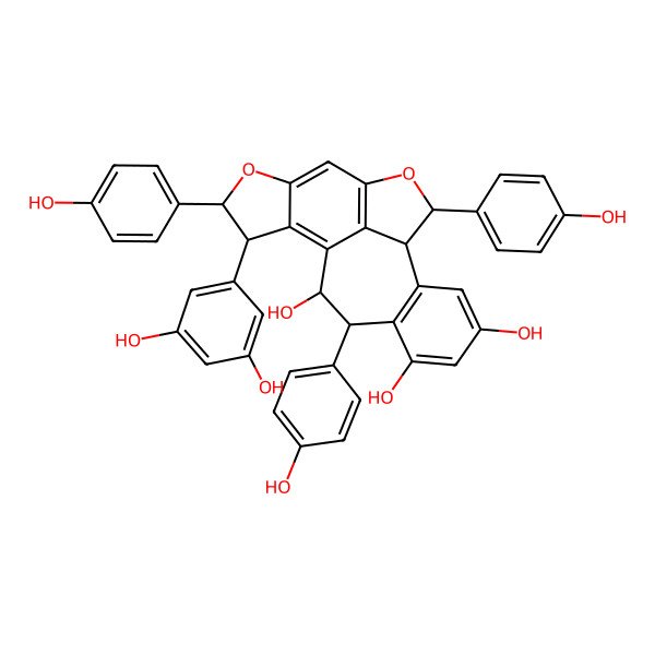 2D Structure of (3S,4R,10R,11R,18R,19R)-3-(3,5-dihydroxyphenyl)-4,10,18-tris(4-hydroxyphenyl)-5,9-dioxapentacyclo[9.8.1.02,6.08,20.012,17]icosa-1,6,8(20),12(17),13,15-hexaene-14,16,19-triol