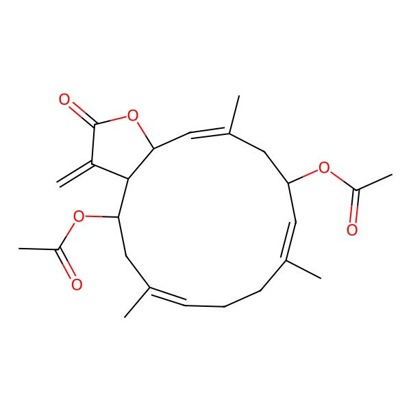 2D Structure of (4-Acetyloxy-6,10,14-trimethyl-3-methylidene-2-oxo-3a,4,5,8,9,12,13,15a-octahydrocyclotetradeca[b]furan-12-yl) acetate