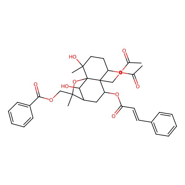 2D Structure of [(1S,2S,5S,6S,7S,9R,12R)-5-acetyloxy-6-(acetyloxymethyl)-2,12-dihydroxy-2,10-dimethyl-7-[(E)-3-phenylprop-2-enoyl]oxy-11-oxatricyclo[7.2.1.01,6]dodecan-10-yl]methyl benzoate