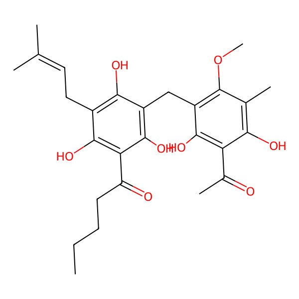 2D Structure of 1-[3-[(3-Acetyl-2,4-dihydroxy-6-methoxy-5-methylphenyl)methyl]-2,4,6-trihydroxy-5-(3-methylbut-2-enyl)phenyl]pentan-1-one