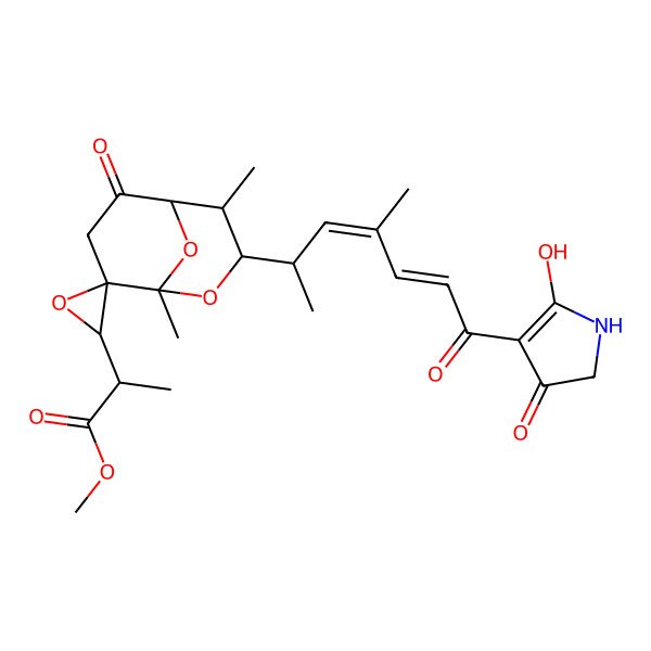 2D Structure of methyl 2-[3-[(3E,5E)-7-(5-hydroxy-3-oxo-1,2-dihydropyrrol-4-yl)-4-methyl-7-oxohepta-3,5-dien-2-yl]-1,4-dimethyl-6-oxospiro[2,9-dioxabicyclo[3.3.1]nonane-8,3'-oxirane]-2'-yl]propanoate