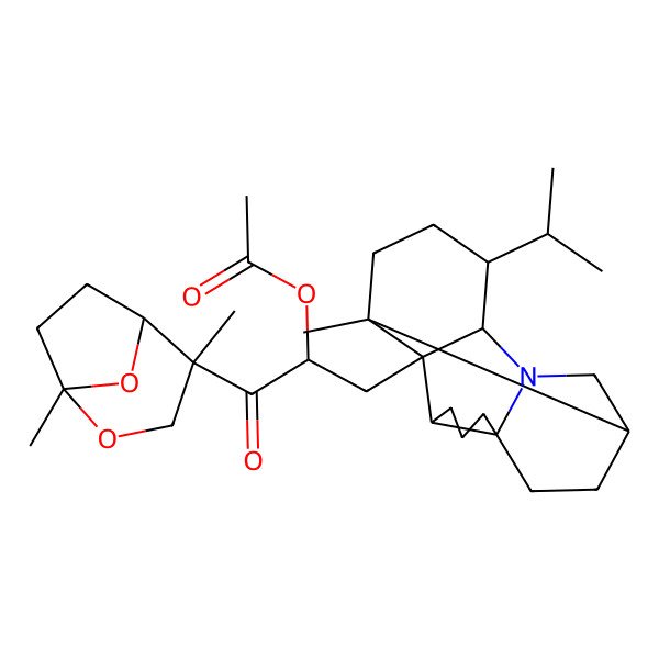 2D Structure of [(2R)-1-[(1R,4R,5S)-1,4-dimethyl-2,8-dioxabicyclo[3.2.1]octan-4-yl]-3-[(1S,2R,3S,7R,10S,13S,14R)-1-methyl-14-propan-2-yl-12-azapentacyclo[8.6.0.02,13.03,7.07,12]hexadecan-2-yl]-1-oxopropan-2-yl] acetate