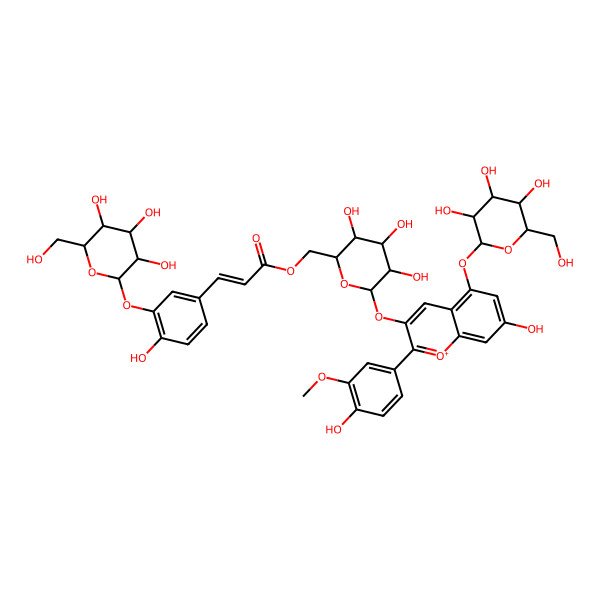 2D Structure of [(2R,3S,4S,5R,6S)-3,4,5-trihydroxy-6-[7-hydroxy-2-(4-hydroxy-3-methoxyphenyl)-5-[(2S,3R,4S,5S,6R)-3,4,5-trihydroxy-6-(hydroxymethyl)oxan-2-yl]oxychromenylium-3-yl]oxyoxan-2-yl]methyl 3-[4-hydroxy-3-[(2S,3R,4S,5S,6R)-3,4,5-trihydroxy-6-(hydroxymethyl)oxan-2-yl]oxyphenyl]prop-2-enoate