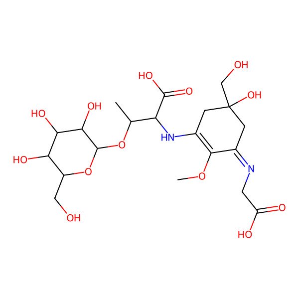 2D Structure of 2-[[3-(Carboxymethylimino)-5-hydroxy-5-(hydroxymethyl)-2-methoxycyclohexen-1-yl]amino]-3-[3,4,5-trihydroxy-6-(hydroxymethyl)oxan-2-yl]oxybutanoic acid
