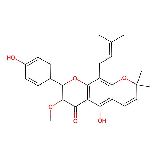 2D Structure of (7S,8R)-5-hydroxy-8-(4-hydroxyphenyl)-7-methoxy-2,2-dimethyl-10-(3-methylbut-2-enyl)-7,8-dihydropyrano[3,2-g]chromen-6-one