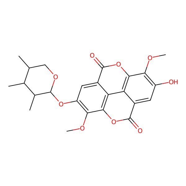 2D Structure of 6-Hydroxy-7,14-dimethoxy-13-(3,4,5-trimethyloxan-2-yl)oxy-2,9-dioxatetracyclo[6.6.2.04,16.011,15]hexadeca-1(15),4,6,8(16),11,13-hexaene-3,10-dione