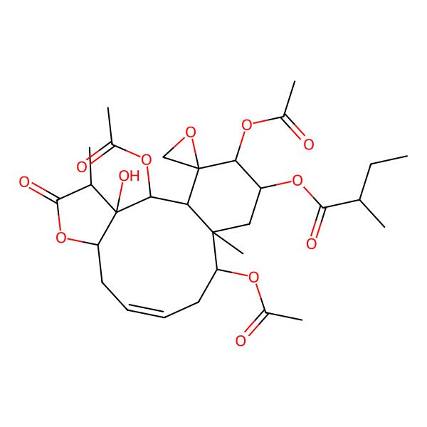 2D Structure of [(1R,2S,3R,4R,7S,9Z,12S,13S,15R,16S,17R)-2,12,16-triacetyloxy-3-hydroxy-4,13-dimethyl-5-oxospiro[6-oxatricyclo[11.4.0.03,7]heptadec-9-ene-17,2'-oxirane]-15-yl] (2R)-2-methylbutanoate
