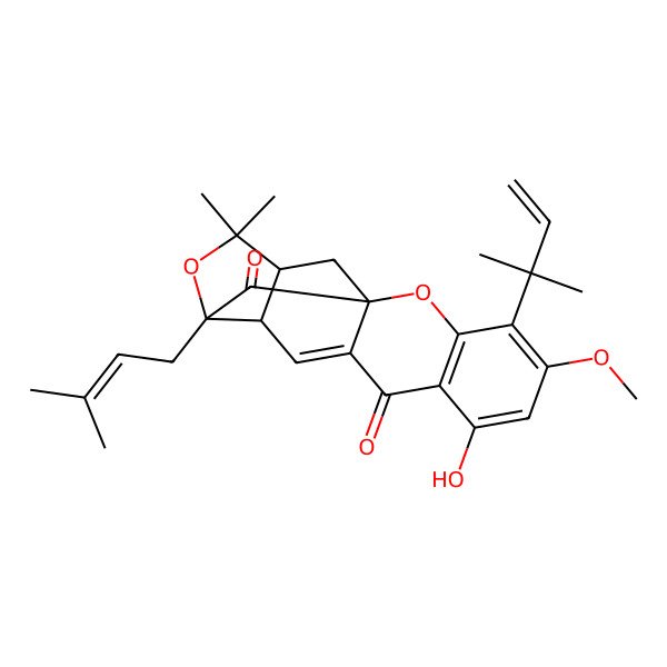 2D Structure of (1R,12S,13R,16R)-7-hydroxy-5-methoxy-15,15-dimethyl-4-(2-methylbut-3-en-2-yl)-13-(3-methylbut-2-enyl)-2,14-dioxapentacyclo[11.4.1.01,10.03,8.012,16]octadeca-3(8),4,6,10-tetraene-9,18-dione