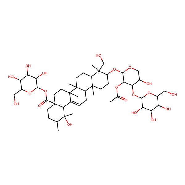 2D Structure of [(2S,3R,4S,5S,6R)-3,4,5-trihydroxy-6-(hydroxymethyl)oxan-2-yl] (1R,2R,4aS,6aR,6aS,6bR,8aR,9R,10S,12aR,14bS)-10-[(2S,3R,4S,5S)-3-acetyloxy-5-hydroxy-4-[(2S,3R,4S,5S,6R)-3,4,5-trihydroxy-6-(hydroxymethyl)oxan-2-yl]oxyoxan-2-yl]oxy-1-hydroxy-9-(hydroxymethyl)-1,2,6a,6b,9,12a-hexamethyl-2,3,4,5,6,6a,7,8,8a,10,11,12,13,14b-tetradecahydropicene-4a-carboxylate