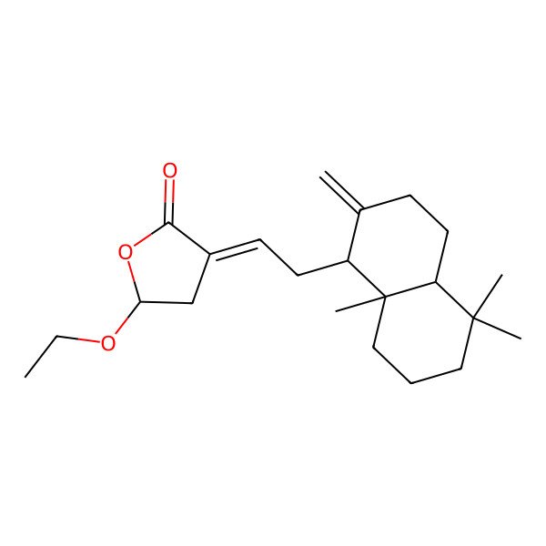 2D Structure of 3-[2-(5,5,8a-trimethyl-2-methylidene-3,4,4a,6,7,8-hexahydro-1H-naphthalen-1-yl)ethylidene]-5-ethoxyoxolan-2-one