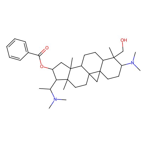 2D Structure of [6-(Dimethylamino)-15-[1-(dimethylamino)ethyl]-7-(hydroxymethyl)-7,12,16-trimethyl-14-pentacyclo[9.7.0.01,3.03,8.012,16]octadecanyl] benzoate