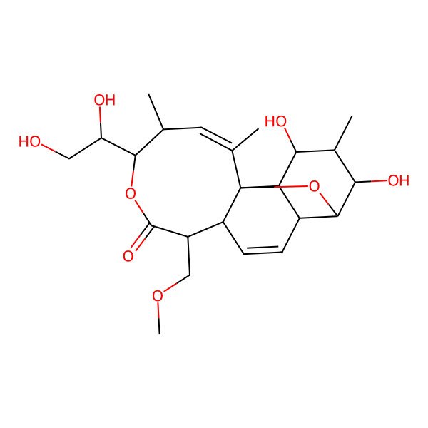 2D Structure of 15-(1,2-Dihydroxyethyl)-4,6-dihydroxy-12-(methoxymethyl)-5,16,18-trimethyl-2,14-dioxatetracyclo[9.7.0.01,7.03,8]octadeca-9,17-dien-13-one