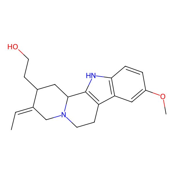 2D Structure of 2-[(2R,3E,12bS)-3-ethylidene-9-methoxy-2,4,6,7,12,12b-hexahydro-1H-indolo[2,3-a]quinolizin-2-yl]ethanol