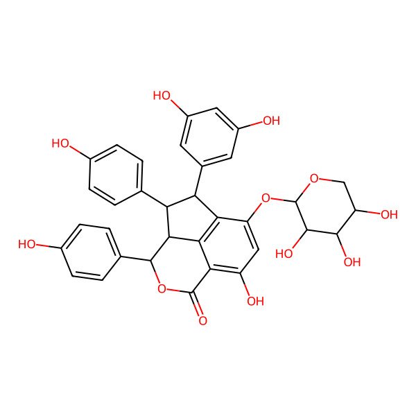 2D Structure of (2S,3S,4R,5R)-2-(3,5-dihydroxyphenyl)-9-hydroxy-3,5-bis(4-hydroxyphenyl)-11-[(2R,3S,4R,5R)-3,4,5-trihydroxyoxan-2-yl]oxy-6-oxatricyclo[6.3.1.04,12]dodeca-1(11),8(12),9-trien-7-one
