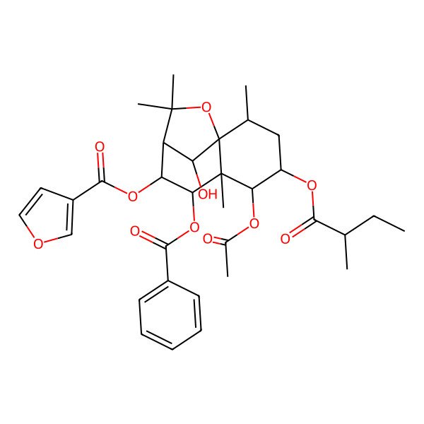 2D Structure of [(1S,2R,4S,5R,6S,7R,8R,9S,12R)-5-acetyloxy-7-benzoyloxy-12-hydroxy-2,6,10,10-tetramethyl-4-[(2R)-2-methylbutanoyl]oxy-11-oxatricyclo[7.2.1.01,6]dodecan-8-yl] furan-3-carboxylate