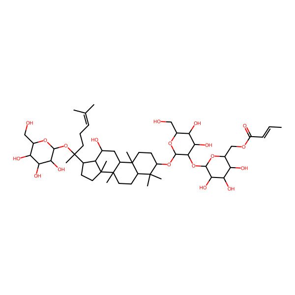 2D Structure of [6-[4,5-dihydroxy-6-(hydroxymethyl)-2-[[12-hydroxy-4,4,8,10,14-pentamethyl-17-[6-methyl-2-[3,4,5-trihydroxy-6-(hydroxymethyl)oxan-2-yl]oxyhept-5-en-2-yl]-2,3,5,6,7,9,11,12,13,15,16,17-dodecahydro-1H-cyclopenta[a]phenanthren-3-yl]oxy]oxan-3-yl]oxy-3,4,5-trihydroxyoxan-2-yl]methyl (E)-but-2-enoate