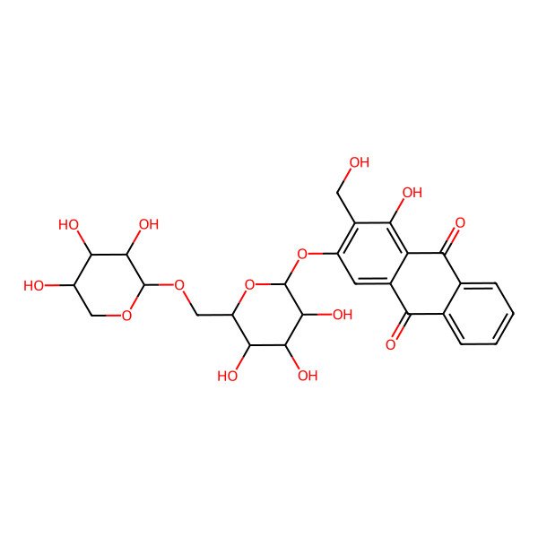 2D Structure of 1-hydroxy-2-(hydroxymethyl)-3-[(2S,3R,4S,5S,6R)-3,4,5-trihydroxy-6-[[(2R,3R,4R,5R)-3,4,5-trihydroxyoxan-2-yl]oxymethyl]oxan-2-yl]oxyanthracene-9,10-dione