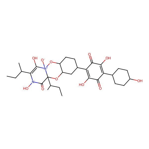 2D Structure of 2-[10,13-Di(butan-2-yl)-12,14-dihydroxy-1-oxido-11-oxo-2,9-dioxa-12-aza-1-azoniatricyclo[8.4.0.03,8]tetradec-13-en-6-yl]-3,6-dihydroxy-5-(4-hydroxycyclohexyl)cyclohexa-2,5-diene-1,4-dione
