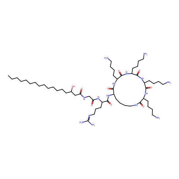 2D Structure of N-[2-[[5-(diaminomethylideneamino)-1-oxo-1-[[3,6,9,12-tetrakis(4-aminobutyl)-2,5,8,11,14-pentaoxo-1,4,7,10,13-pentazacyclononadec-15-yl]amino]pentan-2-yl]amino]-2-oxoethyl]-3-hydroxyheptadecanamide