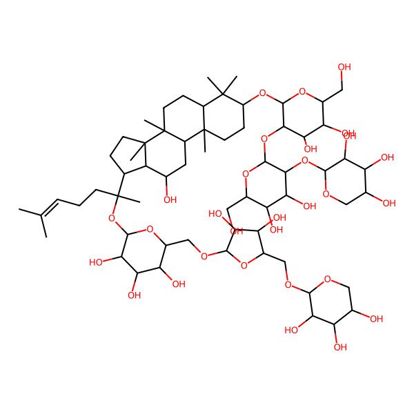 2D Structure of (2R,3R,4S,5S,6R)-2-[(2S)-2-[(3S,5R,8R,9R,10R,12R,13R,14R,17S)-3-[(2R,3R,4S,5S,6R)-3-[(2S,3R,4S,5S,6R)-4,5-dihydroxy-6-(hydroxymethyl)-3-[(2S,3R,4S,5R)-3,4,5-trihydroxyoxan-2-yl]oxyoxan-2-yl]oxy-4,5-dihydroxy-6-(hydroxymethyl)oxan-2-yl]oxy-12-hydroxy-4,4,8,10,14-pentamethyl-2,3,5,6,7,9,11,12,13,15,16,17-dodecahydro-1H-cyclopenta[a]phenanthren-17-yl]-6-methylhept-5-en-2-yl]oxy-6-[[(2S,3S,4R,5R)-3,4-dihydroxy-5-[[(2S,3S,4S,5S)-3,4,5-trihydroxyoxan-2-yl]oxymethyl]oxolan-2-yl]oxymethyl]oxane-3,4,5-triol