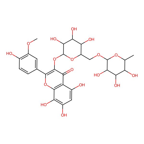 2D Structure of 5,7,8-trihydroxy-2-(4-hydroxy-3-methoxyphenyl)-3-[(2S,3R,4R,5R,6R)-3,4,5-trihydroxy-6-[[(2R,3R,4S,5R,6R)-3,4,5-trihydroxy-6-methyloxan-2-yl]oxymethyl]oxan-2-yl]oxychromen-4-one