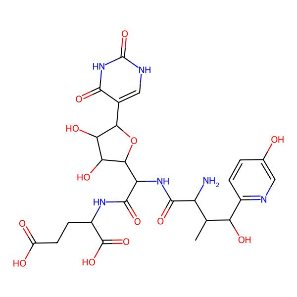 2D Structure of (2R)-2-[[(2R)-2-[[(2R,3R,4R)-2-amino-4-hydroxy-4-(5-hydroxypyridin-2-yl)-3-methylbutanoyl]amino]-2-[(2S,3S,4R,5R)-5-(2,4-dioxo-1H-pyrimidin-5-yl)-3,4-dihydroxyoxolan-2-yl]acetyl]amino]pentanedioic acid