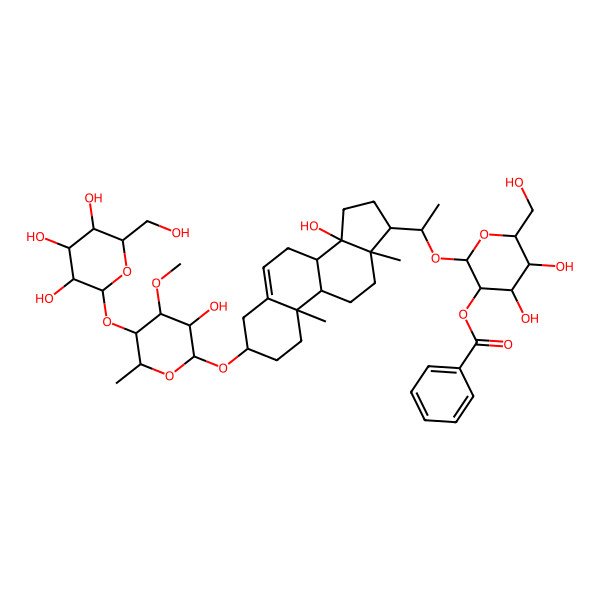 2D Structure of [(2R,3R,4S,5S,6R)-4,5-dihydroxy-2-[(1R)-1-[(3S,8R,9S,10R,13R,14S,17S)-14-hydroxy-3-[(2R,3R,4R,5S,6R)-3-hydroxy-4-methoxy-6-methyl-5-[(2S,3R,4S,5S,6R)-3,4,5-trihydroxy-6-(hydroxymethyl)oxan-2-yl]oxyoxan-2-yl]oxy-10,13-dimethyl-1,2,3,4,7,8,9,11,12,15,16,17-dodecahydrocyclopenta[a]phenanthren-17-yl]ethoxy]-6-(hydroxymethyl)oxan-3-yl] benzoate