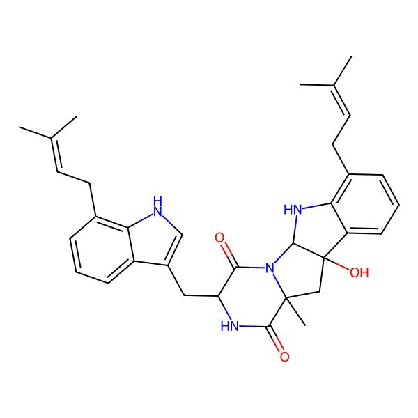 2D Structure of 9-hydroxy-7-methyl-14-(3-methylbut-2-enyl)-4-[[7-(3-methylbut-2-enyl)-1H-indol-3-yl]methyl]-2,5,16-triazatetracyclo[7.7.0.02,7.010,15]hexadeca-10,12,14-triene-3,6-dione