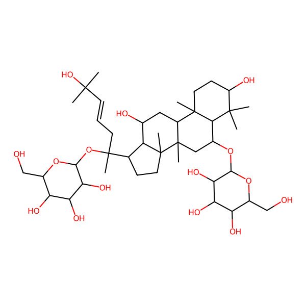 2D Structure of (2R,3R,4S,5S,6R)-2-[[(3S,5R,6S,8R,9R,10R,12R,13R,14R,17S)-3,12-dihydroxy-17-[(E,2S)-6-hydroxy-6-methyl-2-[(2S,3R,4S,5S,6R)-3,4,5-trihydroxy-6-(hydroxymethyl)oxan-2-yl]oxyhept-4-en-2-yl]-4,4,8,10,14-pentamethyl-2,3,5,6,7,9,11,12,13,15,16,17-dodecahydro-1H-cyclopenta[a]phenanthren-6-yl]oxy]-6-(hydroxymethyl)oxane-3,4,5-triol