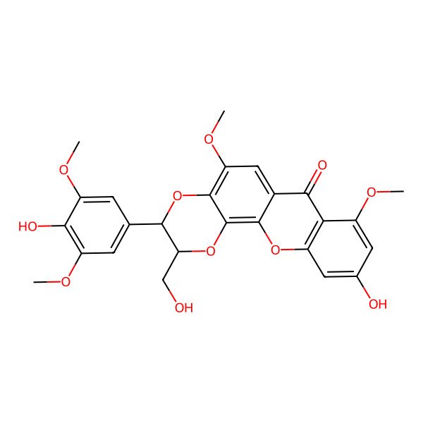 2D Structure of (2R,3R)-10-hydroxy-3-(4-hydroxy-3,5-dimethoxyphenyl)-2-(hydroxymethyl)-5,8-dimethoxy-2,3-dihydro-[1,4]dioxino[2,3-c]xanthen-7-one