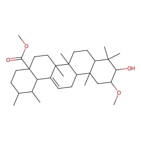 2D Structure of methyl (1S,2R,4aS,6aR,6aS,6bR,8aR,10R,11R,12aR,14bS)-10-hydroxy-11-methoxy-1,2,6a,6b,9,9,12a-heptamethyl-2,3,4,5,6,6a,7,8,8a,10,11,12,13,14b-tetradecahydro-1H-picene-4a-carboxylate 2D Structure of methyl (1S,2R,4aS,6aR,6aS,6bR,8aR,10R,11R,12aR,14bS)-10-hydroxy-11-methoxy-1,2,6a,6b,9,9,12a-heptamethyl-2,3,4,5,6,6a,7,8,8a,10,11,12,13,14b-tetradecahydro-1H-picene-4a-carboxylate