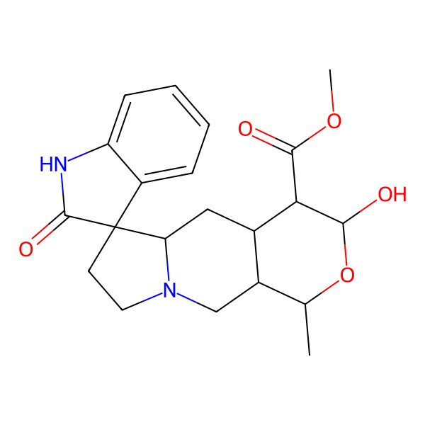2D Structure of methyl 3-hydroxy-1-methyl-2'-oxospiro[1,3,4,4a,5,5a,7,8,10,10a-decahydropyrano[3,4-f]indolizine-6,3'-1H-indole]-4-carboxylate