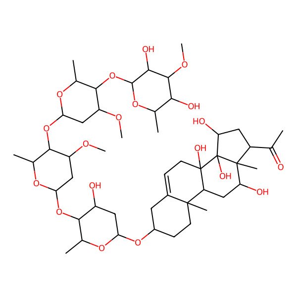 2D Structure of 1-[(3S,8S,9R,10R,12R,13S,14S,15R,17R)-3-[(2R,4S,5S,6R)-5-[(2S,4S,5R,6R)-5-[(2S,4R,5R,6R)-5-[(2S,3R,4S,5R,6R)-3,5-dihydroxy-4-methoxy-6-methyloxan-2-yl]oxy-4-methoxy-6-methyloxan-2-yl]oxy-4-methoxy-6-methyloxan-2-yl]oxy-4-hydroxy-6-methyloxan-2-yl]oxy-8,12,14,15-tetrahydroxy-10,13-dimethyl-2,3,4,7,9,11,12,15,16,17-decahydro-1H-cyclopenta[a]phenanthren-17-yl]ethanone