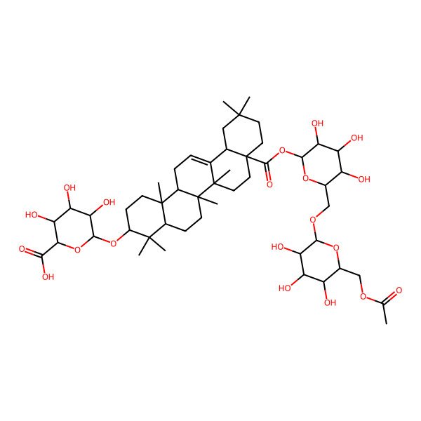 2D Structure of (2S,3S,4S,5R,6R)-6-[[(3S,4aR,6aR,6bS,8aS,12aS,14aR,14bR)-8a-[(2R,3R,4S,5S,6R)-6-[[(2S,3R,4S,5S,6R)-6-(acetyloxymethyl)-3,4,5-trihydroxyoxan-2-yl]oxymethyl]-3,4,5-trihydroxyoxan-2-yl]oxycarbonyl-4,4,6a,6b,11,11,14b-heptamethyl-1,2,3,4a,5,6,7,8,9,10,12,12a,14,14a-tetradecahydropicen-3-yl]oxy]-3,4,5-trihydroxyoxane-2-carboxylic acid