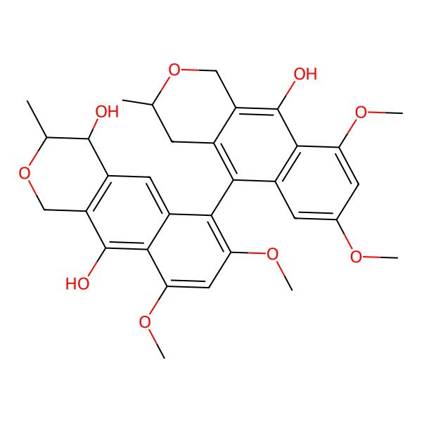 2D Structure of (3S,4R)-6-[(3S)-10-hydroxy-7,9-dimethoxy-3-methyl-3,4-dihydro-1H-benzo[g]isochromen-5-yl]-7,9-dimethoxy-3-methyl-3,4-dihydro-1H-benzo[g]isochromene-4,10-diol