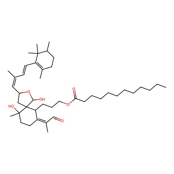 2D Structure of 3-[(1R,3R,5R,6S,9Z,10R)-1,6-dihydroxy-6-methyl-3-[(1E,3E)-2-methyl-4-[(5S)-2,5,6,6-tetramethylcyclohexen-1-yl]buta-1,3-dienyl]-9-(1-oxopropan-2-ylidene)-2-oxaspiro[4.5]decan-10-yl]propyl dodecanoate