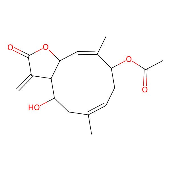 2D Structure of [(3aR,4R,9S,11aR)-4-hydroxy-6,10-dimethyl-3-methylidene-2-oxo-3a,4,5,8,9,11a-hexahydrocyclodeca[b]furan-9-yl] acetate