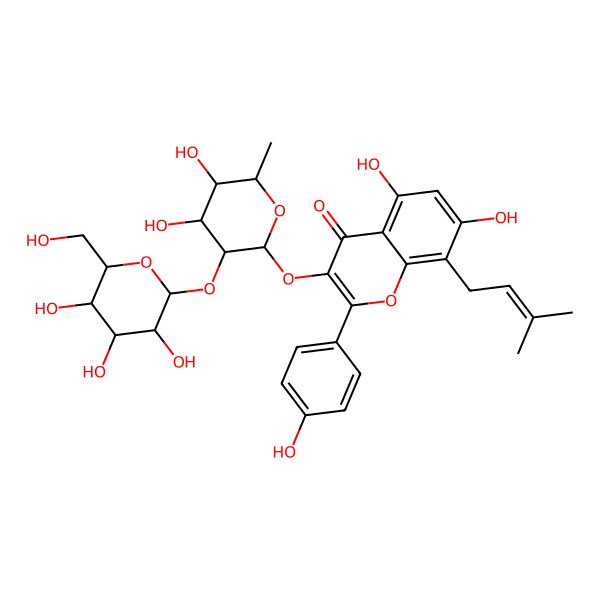 2D Structure of 3-[(2R,3R,4R,5R,6S)-4,5-dihydroxy-6-methyl-3-[(2S,3R,4S,5S,6R)-3,4,5-trihydroxy-6-(hydroxymethyl)oxan-2-yl]oxyoxan-2-yl]oxy-5,7-dihydroxy-2-(4-hydroxyphenyl)-8-(3-methylbut-2-enyl)chromen-4-one